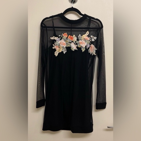 AllSaints Keera Black Sheer Mesh dress with Ribbed Neckline - Picture 3 of 6